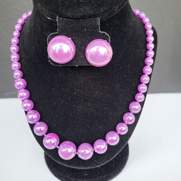 Vintage Demi Parure 90s Acrylic Purple AB Graduated Bead Necklace 24 in - Picture 3 of 6
